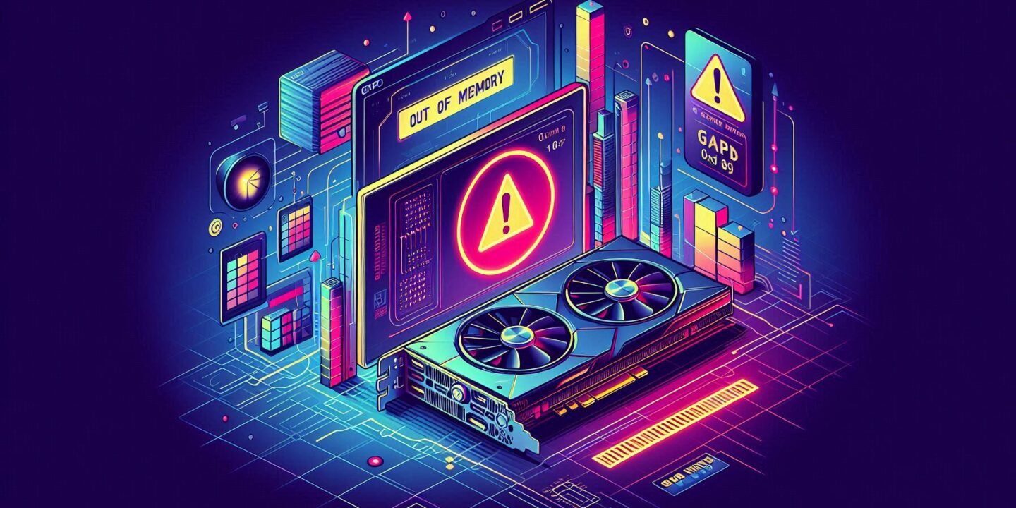 Stable Diffusion CUDA out of memory error concept with VRAM maxed out on a GPU.