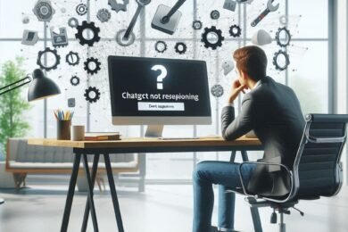 Frustrated user experiencing ChatGPT not responding error message on computer screen