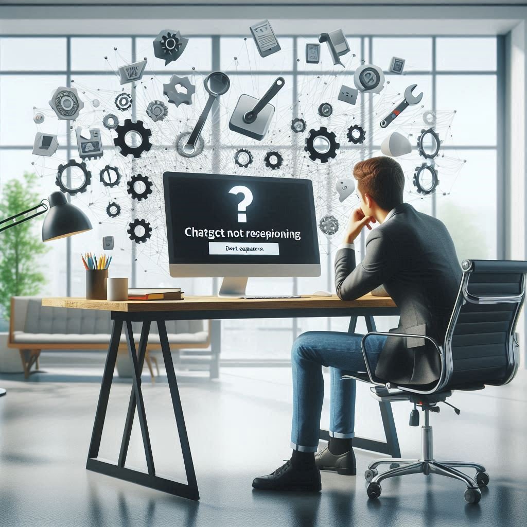 Frustrated user experiencing ChatGPT not responding error message on computer screen